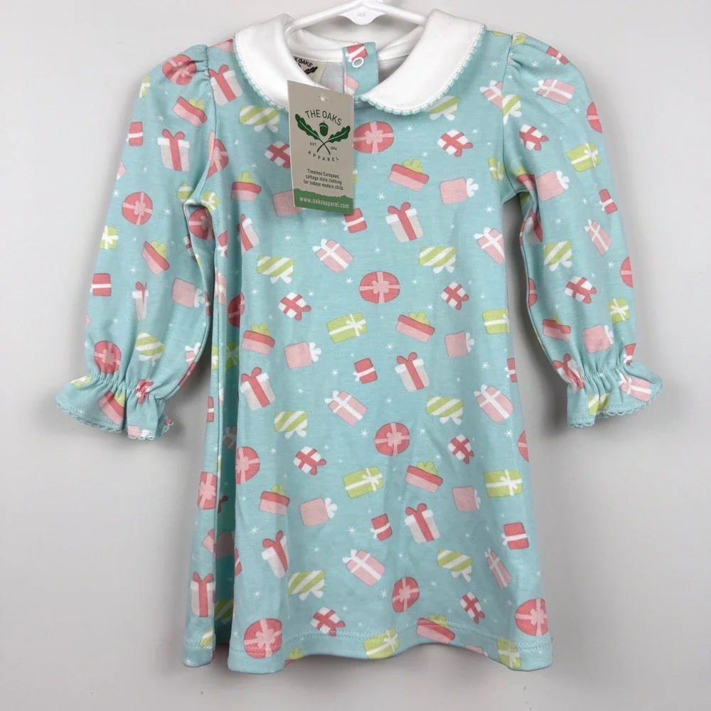 The Oaks Apparel Dress Girls 2T Blue Christmas Pima Cotton Peter Pan Collar Gift